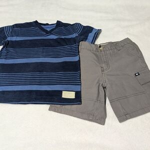Striped Navy and Light Blue Tee with Gray Cargo Shorts